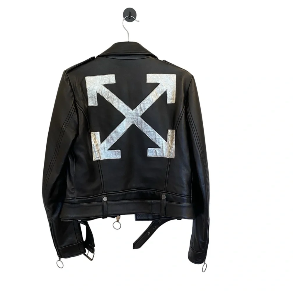 Off-White Virgil Abloh Black Leather Jacket With Metallic Silver X Size 44
